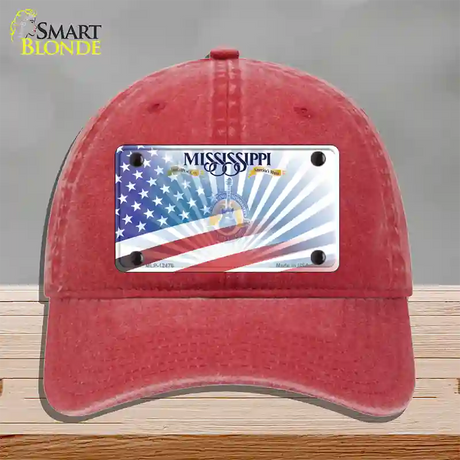 Mississippi Blue with American Flag Novelty License Plate Hat Unconstructed Cotton / Red