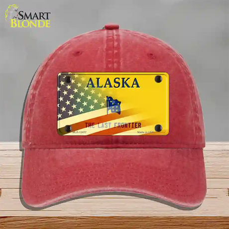 Alaska State Blank Novelty License Plate Hat Unconstructed Cotton / Red / Alaska Frontier (9509):https | Half American Flag | Yes