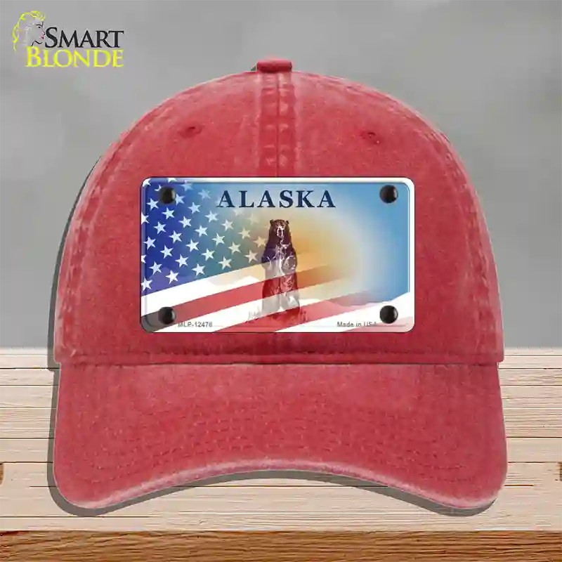 Alaska State Blank Novelty License Plate Hat Unconstructed Cotton / Red / Alaska Bear (9511):https | Half American Flag | Yes