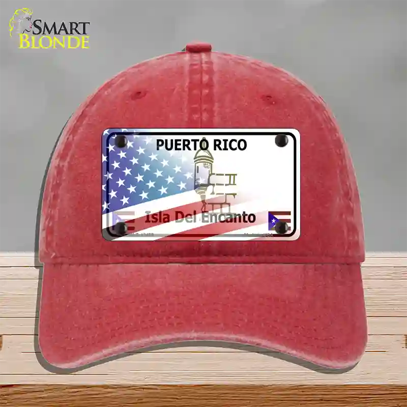 Puerto Rico with American Flag Novelty License Plate Hat Unconstructed Cotton / Red