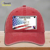 Puerto Rico with American Flag Novelty License Plate Hat Unconstructed Cotton / Red