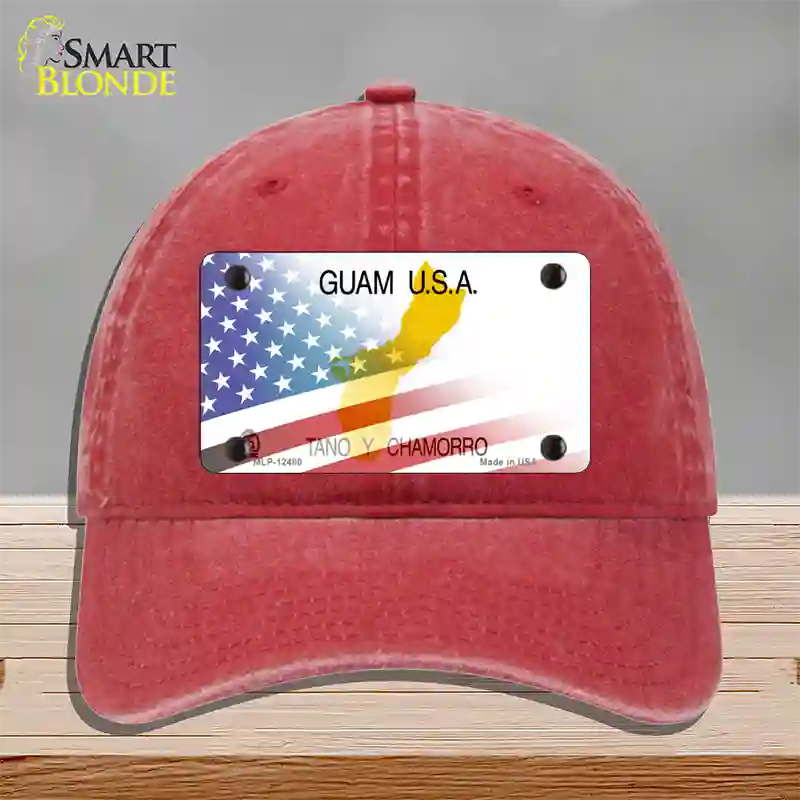 Guam with American Flag Novelty License Plate Hat Unconstructed Cotton / Red