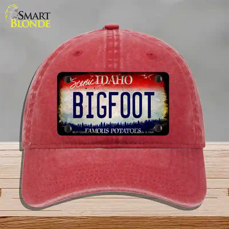 Bigfoot Idaho Novelty License Plate Hat Unconstructed Cotton / Red