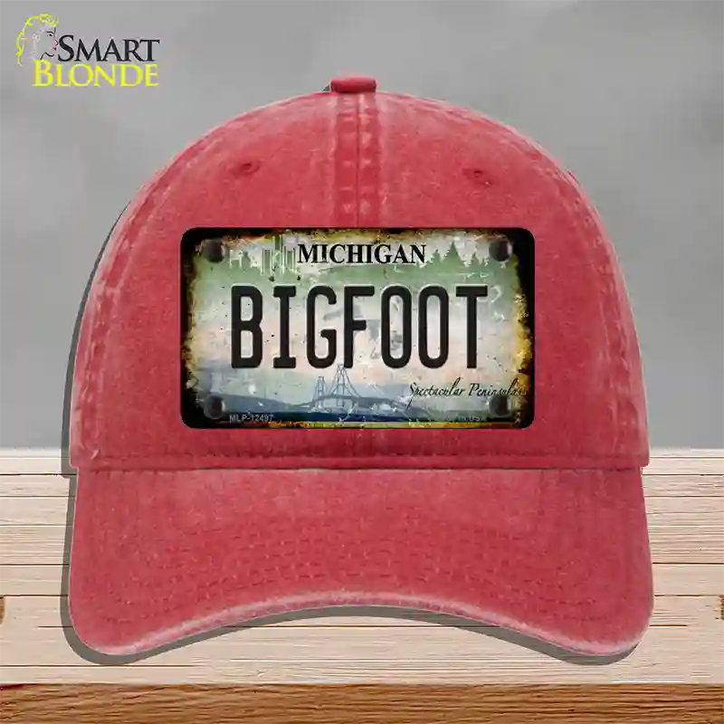 Bigfoot Michigan Novelty License Plate Hat Unconstructed Cotton / Red