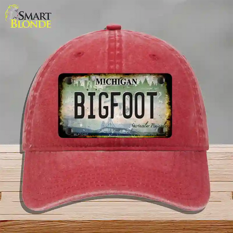 Bigfoot Michigan Novelty License Plate Hat Unconstructed Cotton / Red