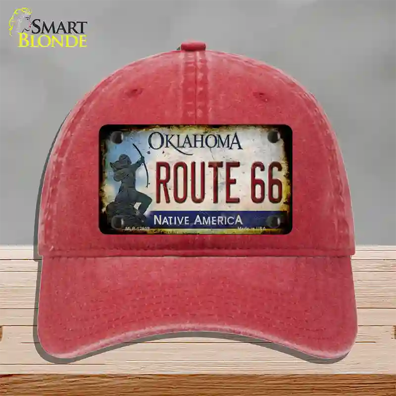 Route 66 Oklahoma Rusty Novelty License Plate Hat Unconstructed Cotton / Red