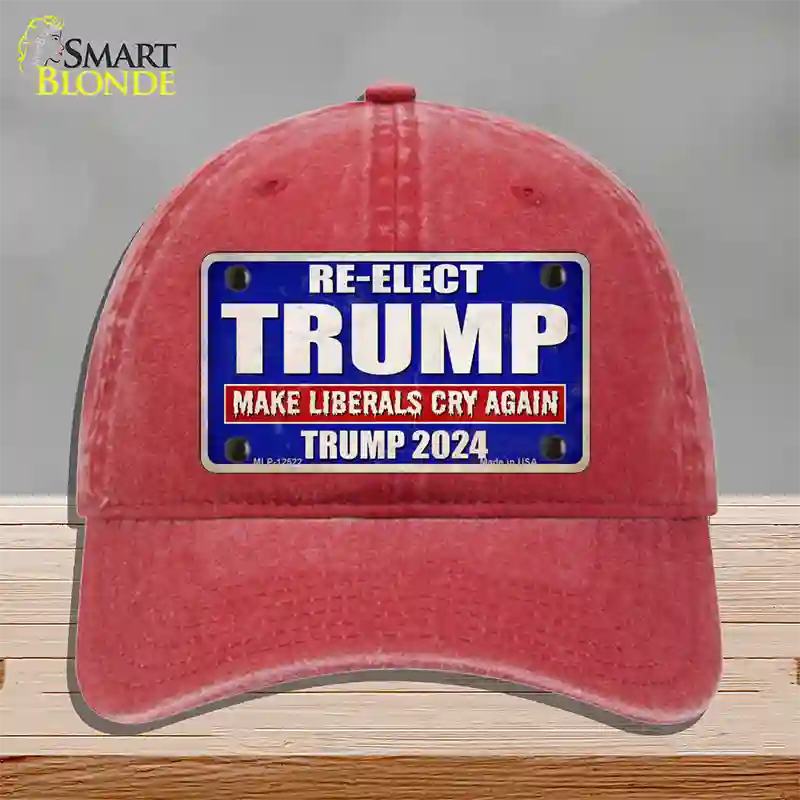 Re-Elect Trump 2024 Blue Novelty License Plate Hat Unconstructed Cotton / Red