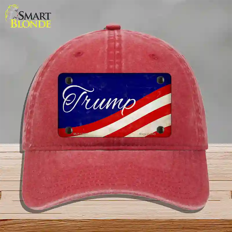 Trump on Waving Flag Novelty License Plate Hat Unconstructed Cotton / Red