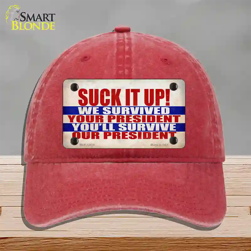 Suck It Up We Survived Novelty License Plate Hat Unconstructed Cotton / Red