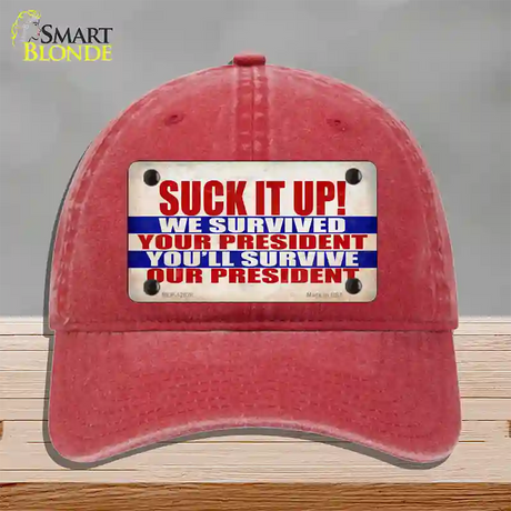 Suck It Up We Survived Novelty License Plate Hat Unconstructed Cotton / Red