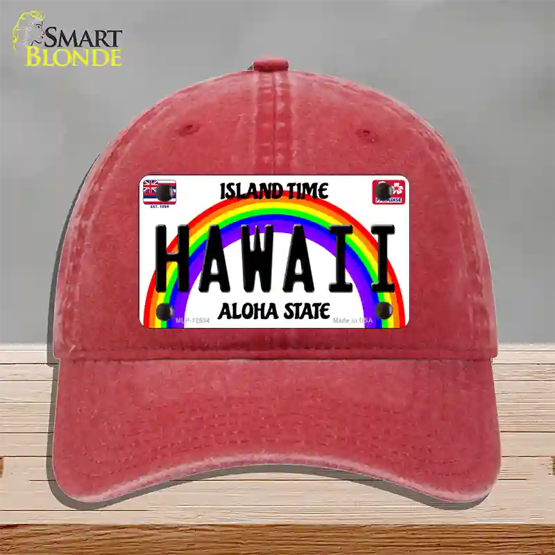 Hawaii Novelty License Plate Hat Unconstructed Cotton / Red