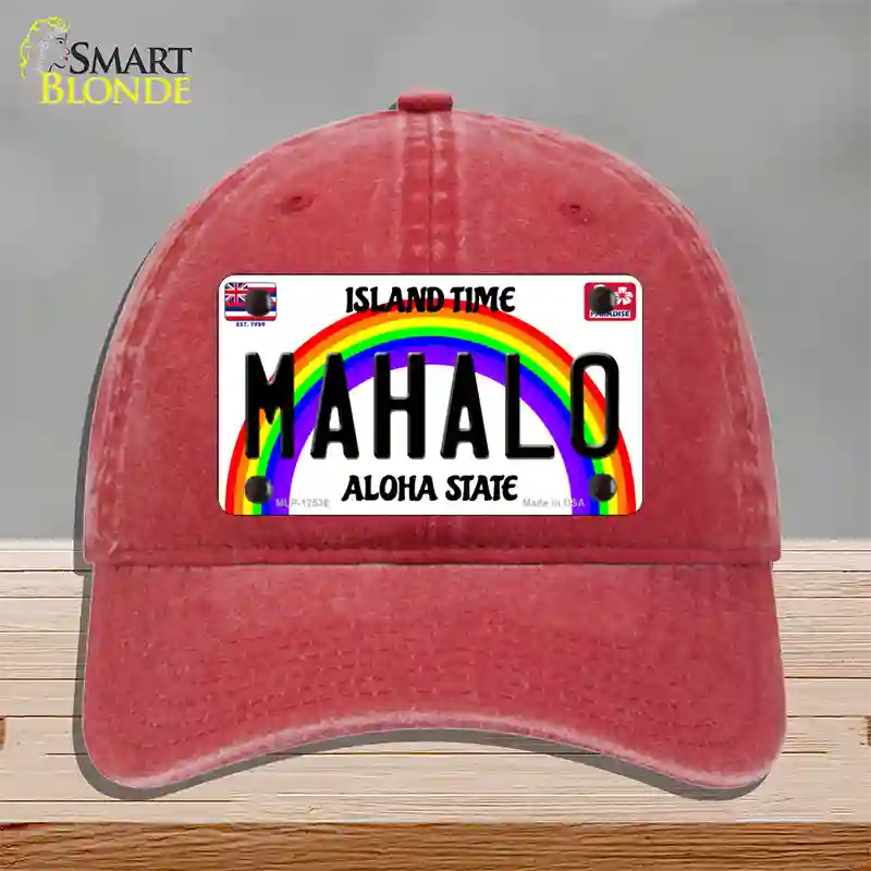 Mahalo Hawaii Novelty License Plate Hat Unconstructed Cotton / Red