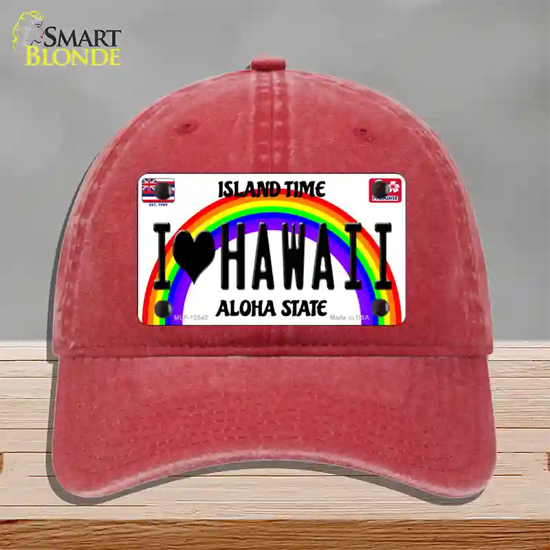 I Love Hawaii Novelty License Plate Hat Unconstructed Cotton / Red