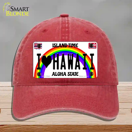 I Love Hawaii Novelty License Plate Hat Unconstructed Cotton / Red