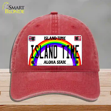 Island Time Hawaii Novelty License Plate Hat Unconstructed Cotton / Red