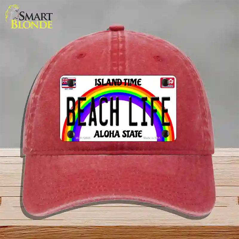 Beach Life Hawaii Novelty License Plate Hat Unconstructed Cotton / Red