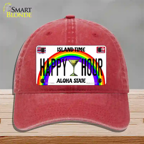 Happy Hour Hawaii Novelty License Plate Hat Unconstructed Cotton / Red