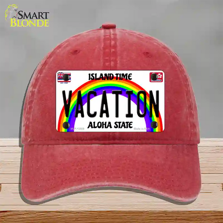 Vacation Hawaii Novelty License Plate Hat Unconstructed Cotton / Red