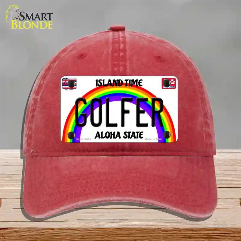 Golfer Hawaii Novelty License Plate Hat Unconstructed Cotton / Red