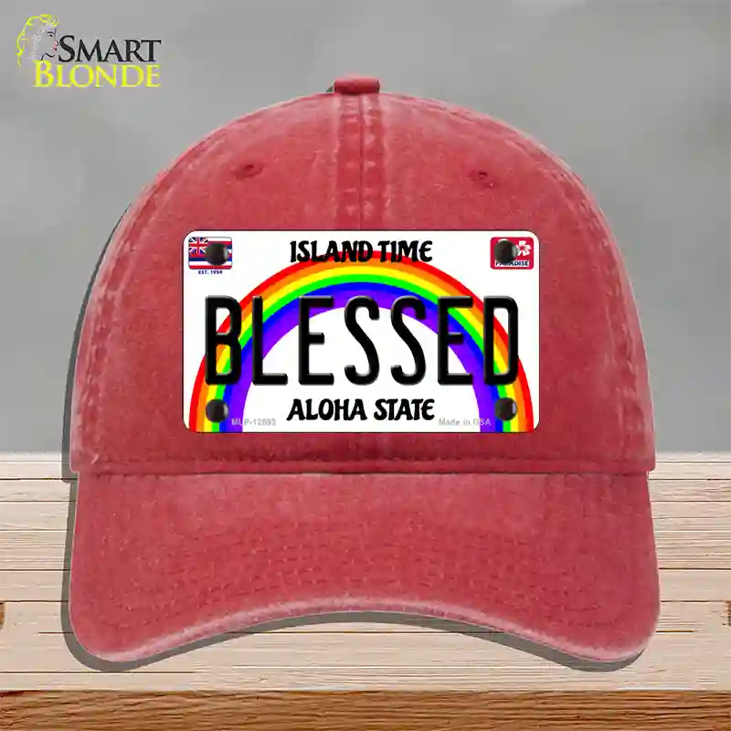 Blessed Hawaii Novelty License Plate Hat Unconstructed Cotton / Red