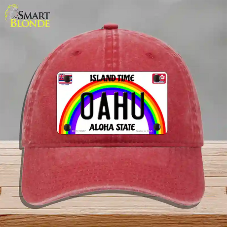 Oahu Hawaii Novelty License Plate Hat Unconstructed Cotton / Red