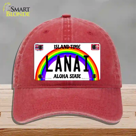 Lanai Hawaii Novelty License Plate Hat Unconstructed Cotton / Red