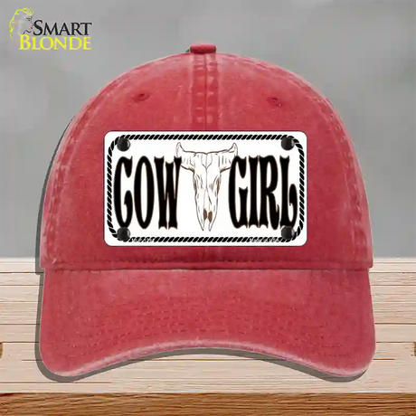 Cowgirl with Skull Novelty License Plate Hat Unconstructed Cotton / Red