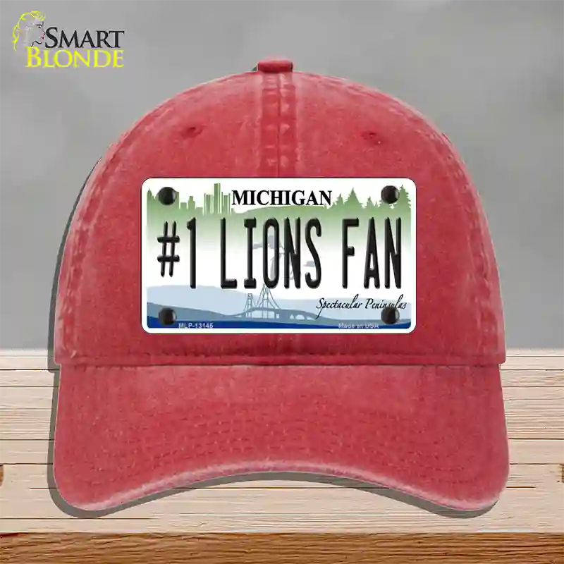 Number 1 Lions Fan Novelty License Plate Hat Tag Unconstructed Cotton / Red