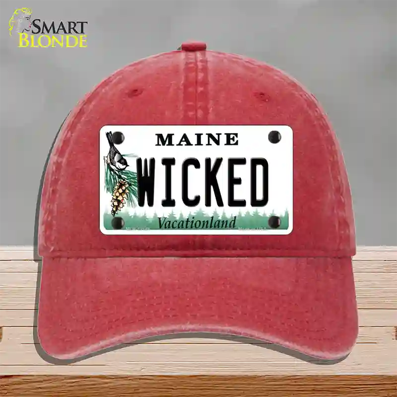 Wicked Maine Novelty License Plate Hat Unconstructed Cotton / Red