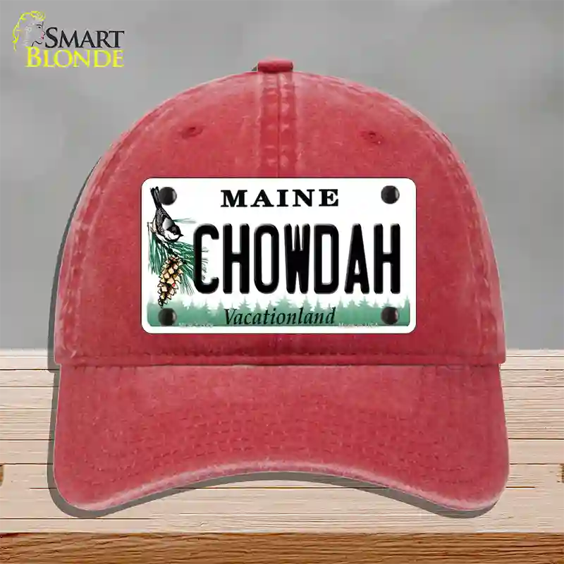 Chowdah Maine Novelty License Plate Hat Unconstructed Cotton / Red