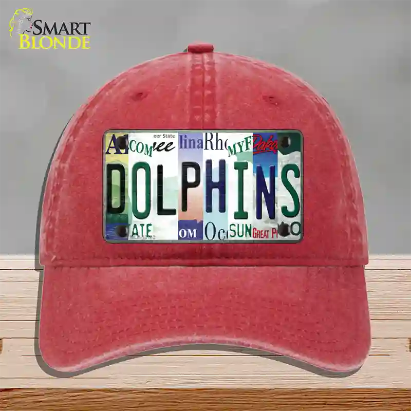 Dolphins Strip Art Novelty License Plate Hat Tag Unconstructed Cotton / Red