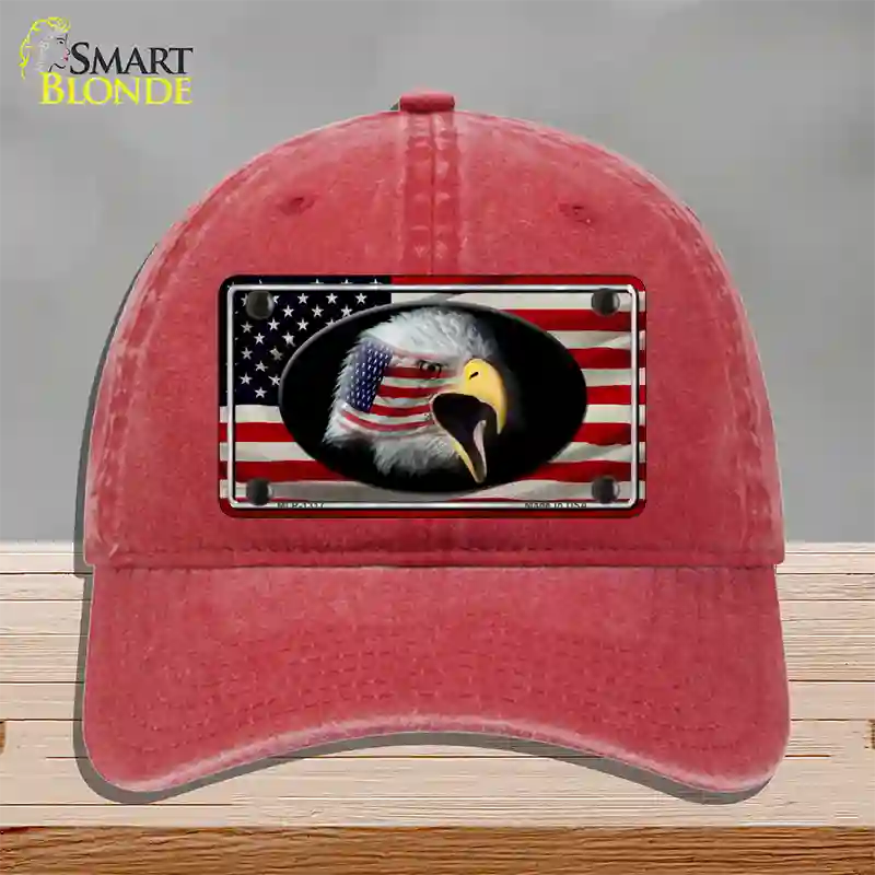 American Flag Eagle Novelty License Plate Hat Unconstructed Cotton / Red