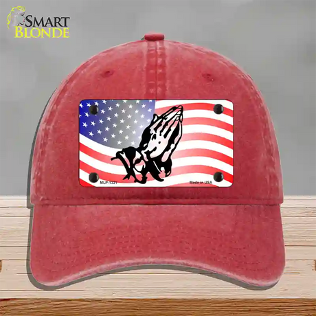 American Flag Praying Hands Novelty License Plate Hat Unconstructed Cotton / Red