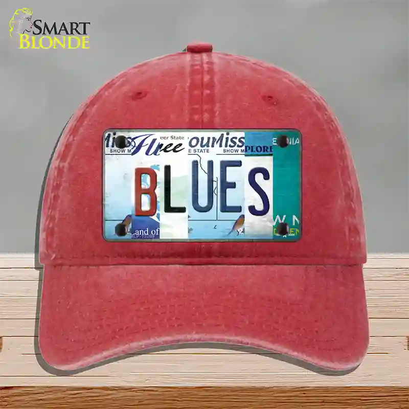 Blues Strip Art Novelty License Plate Hat Tag Unconstructed Cotton / Red