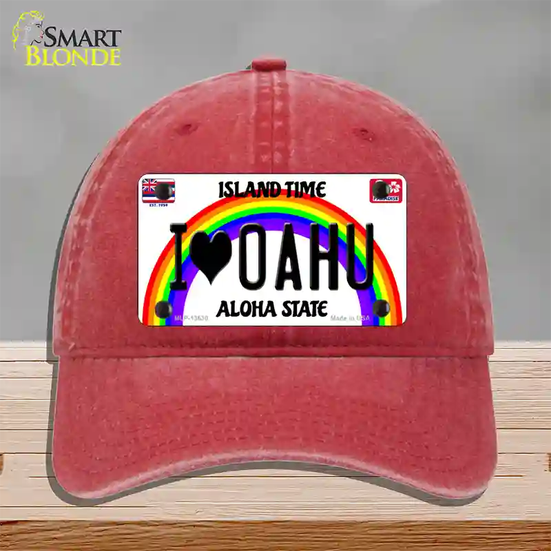 I Heart Oahu Novelty License Plate Hat Tag Unconstructed Cotton / Red