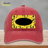 Yellow Black Camouflage With Black Center Oval Novelty License Plate Hat Unconstructed Cotton / Red