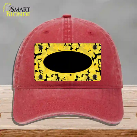 Yellow Black Camouflage With Black Center Oval Novelty License Plate Hat Unconstructed Cotton / Red