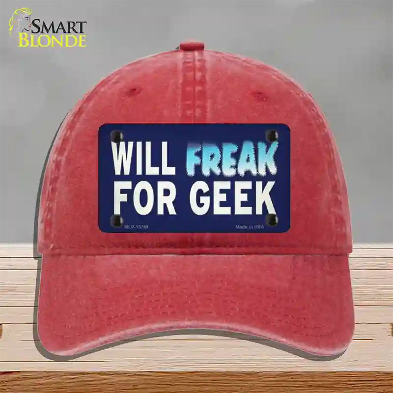 Will Freak For Geek Novelty License Plate Hat Tag Unconstructed Cotton / Red