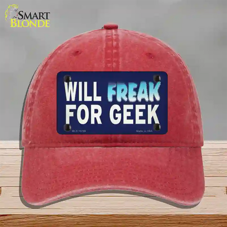 Will Freak For Geek Novelty License Plate Hat Tag Unconstructed Cotton / Red