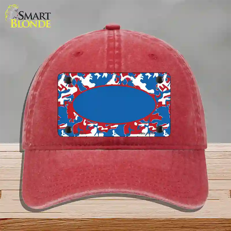 Patriotic Camouflage With Blue Center Oval Novelty License Plate Hat Unconstructed Cotton / Red