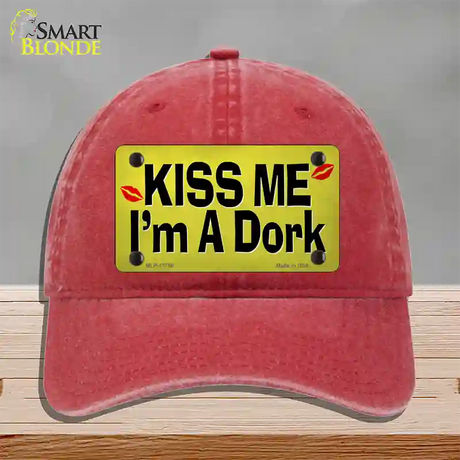 Kiss Me Im A Dork Novelty License Plate Hat Tag Unconstructed Cotton / Red