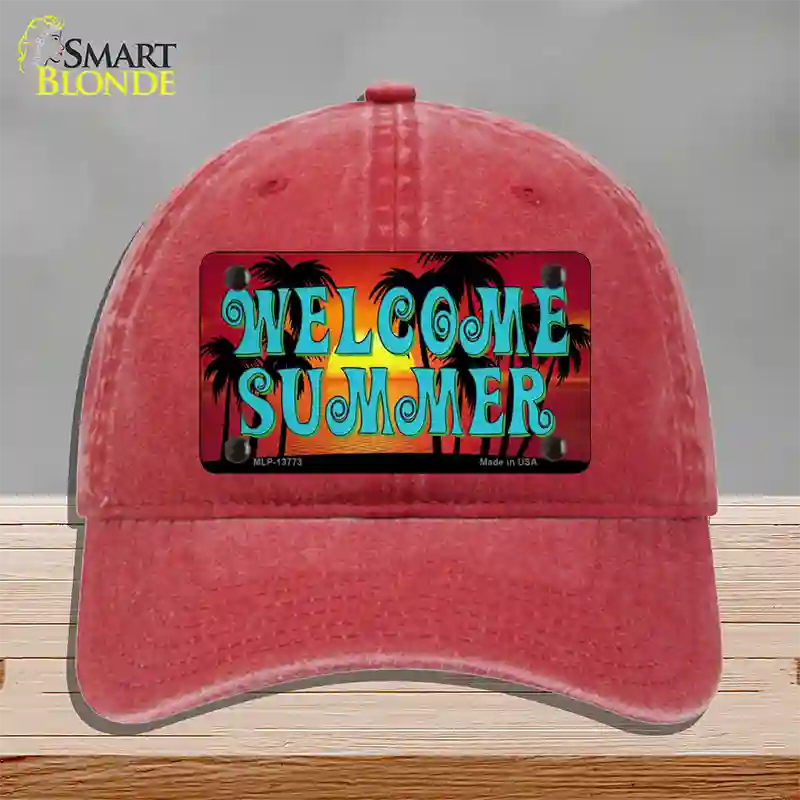 Welcome Summer Novelty License Plate Hat Tag Unconstructed Cotton / Red