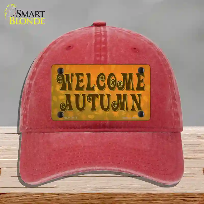 Welcome Autumn Novelty License Plate Hat Tag Unconstructed Cotton / Red