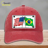 Brazil USA Crossed Flags Novelty License Plate Hat Tag Unconstructed Cotton / Red