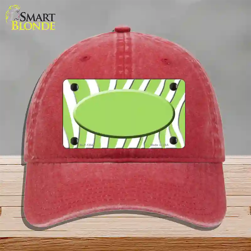 Lime Green White Zebra Center Oval Novelty License Plate Hat Unconstructed Cotton / Red