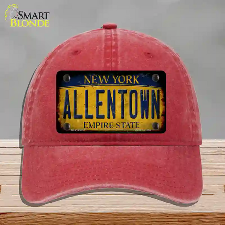 Allentown NY Yellow Rusty Novelty License Plate Hat Tag Unconstructed Cotton / Red