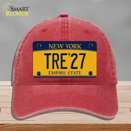 Tre 27 New York Yellow Novelty License Plate Hat Tag Unconstructed Cotton / Red