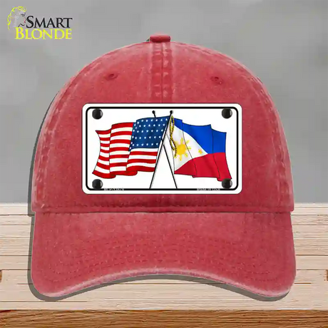 Philippines US Crossed Flag Novelty License Plate Hat Tag Unconstructed Cotton / Red