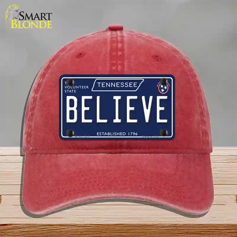 Believe Tennessee Blue Novelty License Plate Hat Tag Unconstructed Cotton / Red