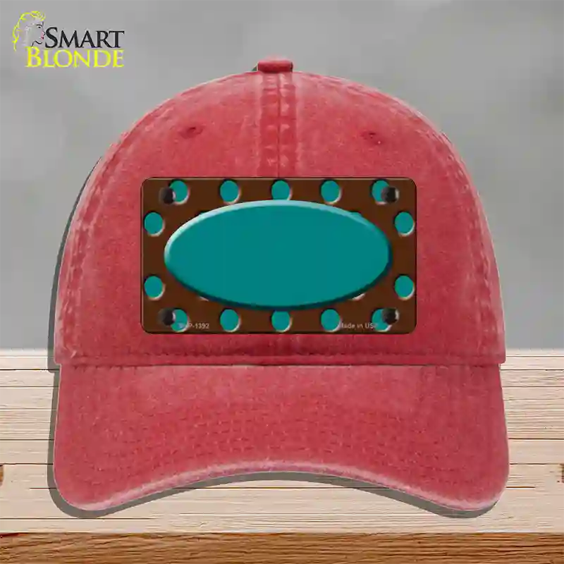 Teal Brown Polka Dot Center Oval Novelty License Plate Hat Unconstructed Cotton / Red